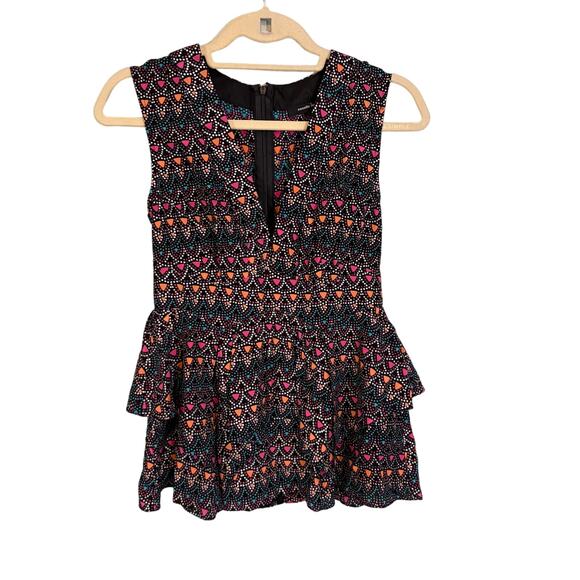 Nanette Lepore Top Womens 2 Black Multi Sleeveless V Neck Blouse Silk Geometric - Picture 1 of 9